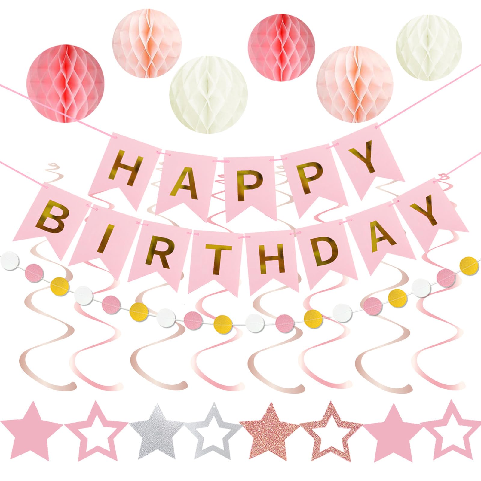 MYHOGOOD Birthday Decorations, Happy Birthday Banner with Honeycomb Balls Stars Hanging Swirl Streamers, Circle Dots Garland,Happy Birthday Decorations Set for Women, Men, Girls and Boys(Pink)