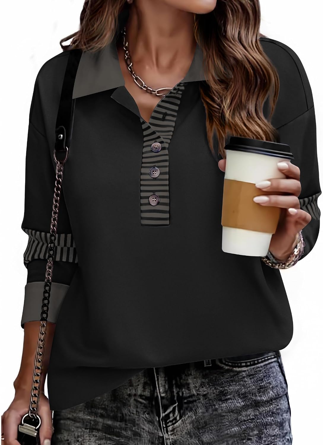 Zeagoo Womens Sweatshirt Henley V Neck Button Down Shirts Color Block Blouses Pullover 2025 Fall Business Casual Outfits