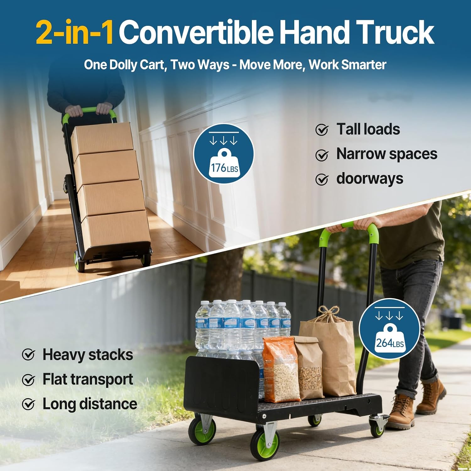 2-in-1 Folding Hand Truck & Dolly Cart, Convertible Hand Truck with Flat Platform, Quiet TPR Wheels, Lightweight 12.5lb, 264 lb Flat / 176 lb Upright Capacity, Compact Cart for Moving, Boxes & Luggage