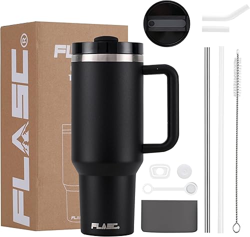 FLASC Vaso de 40 onzas con asa y pajilla, vaso aislado 100% a prueba de fugas con tapa y pajilla, incluye todos los accesorios popote de acero