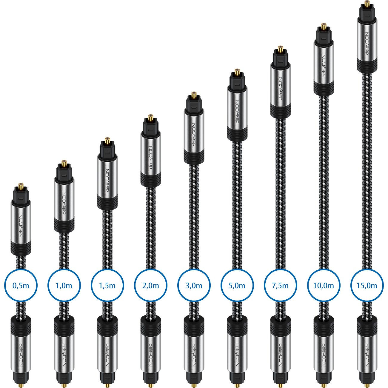 deleyCON 15m Câble Toslink Audio Numérique Optique avec Connecteur Métallique & Gaine Nylon - SPDIF Fibre Optique