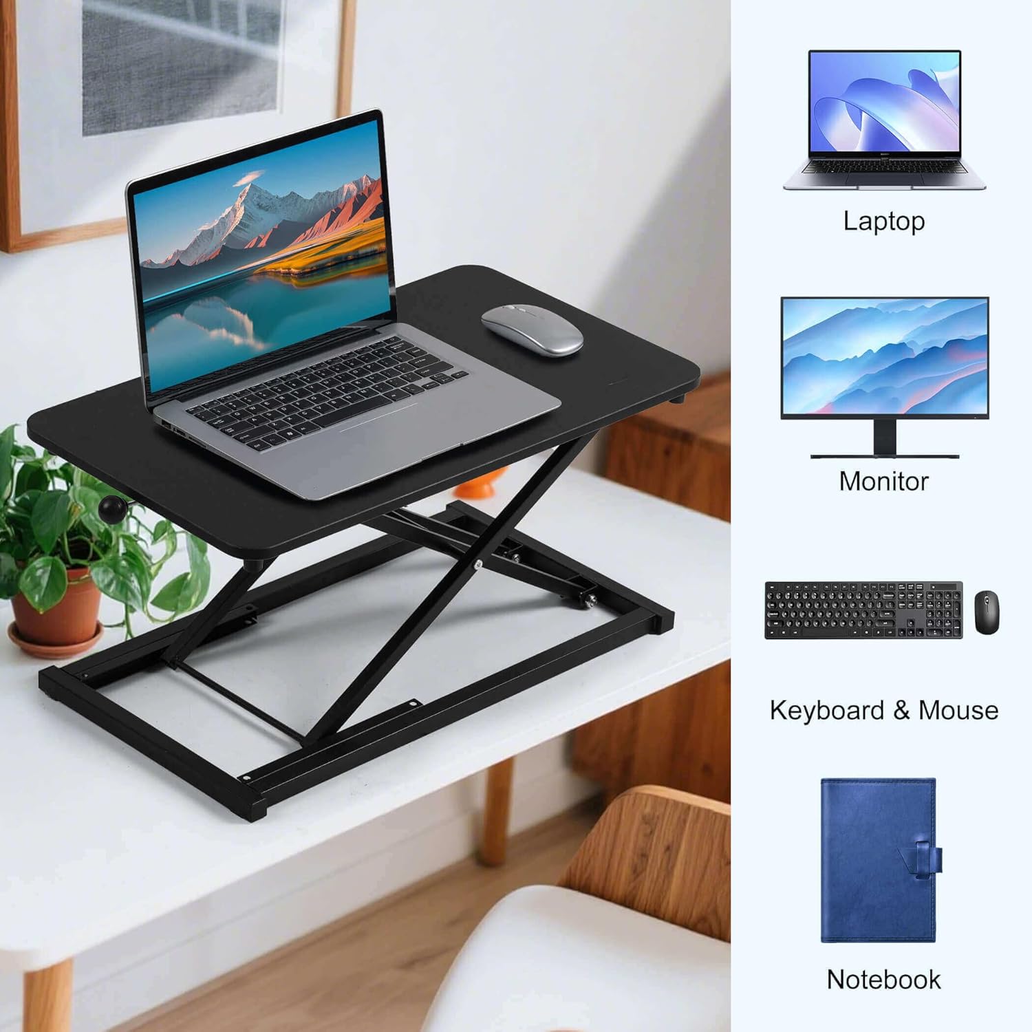 Height Adjustable Standing Desk Converter, Ergonomic Sit Stand Desk Riser with X-Lift Structure, 23.6 x 13.3 Inch Portable Desktop Workstation, Keyboard Stand for Laptop Monitor, Black