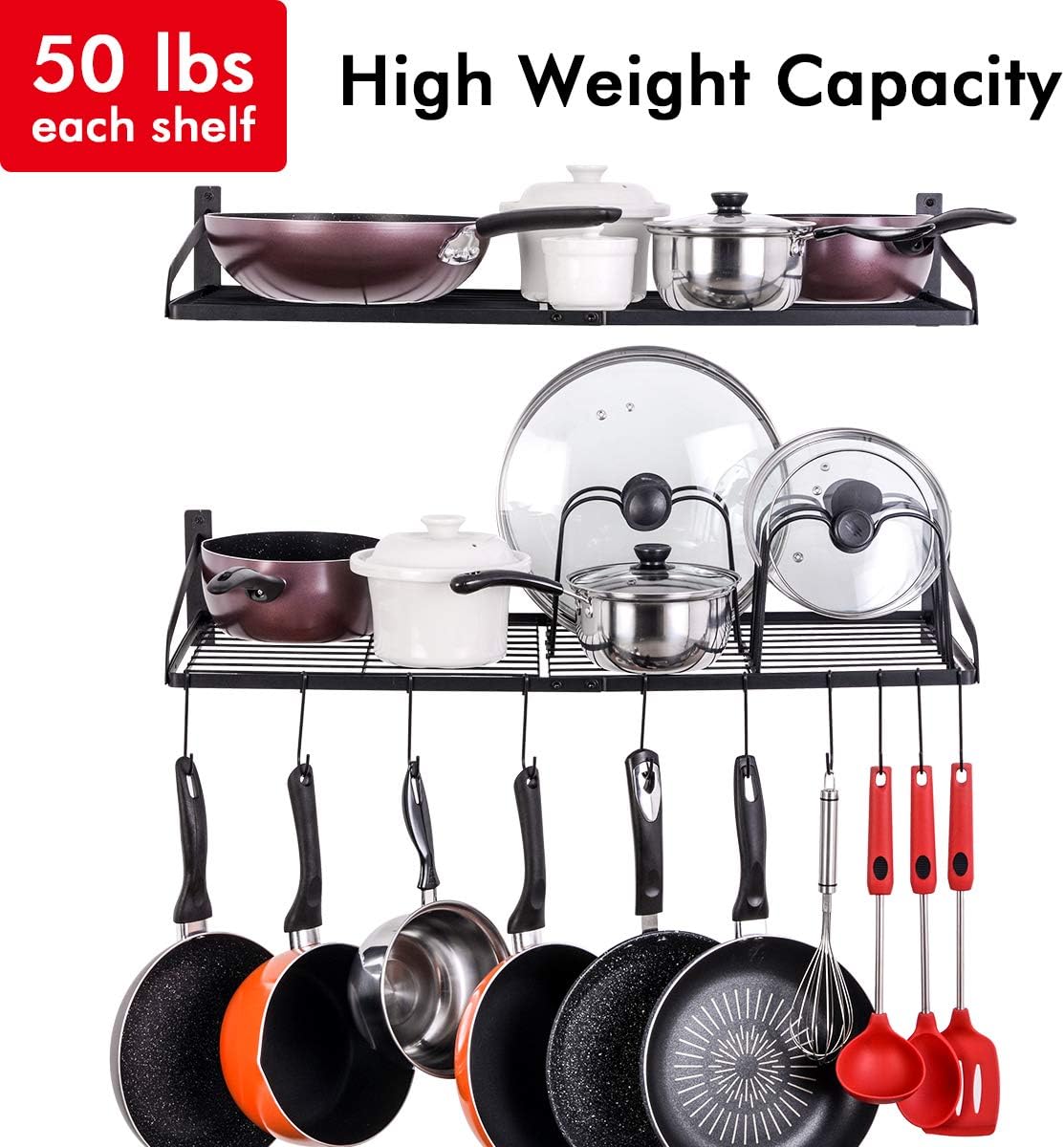 Sunix Pan Pot Rack, Wall Mounted 2-Tier Pan Hanging Racks, Pot Shelf Organizer with 10 Hooks and Pot Lids Holder