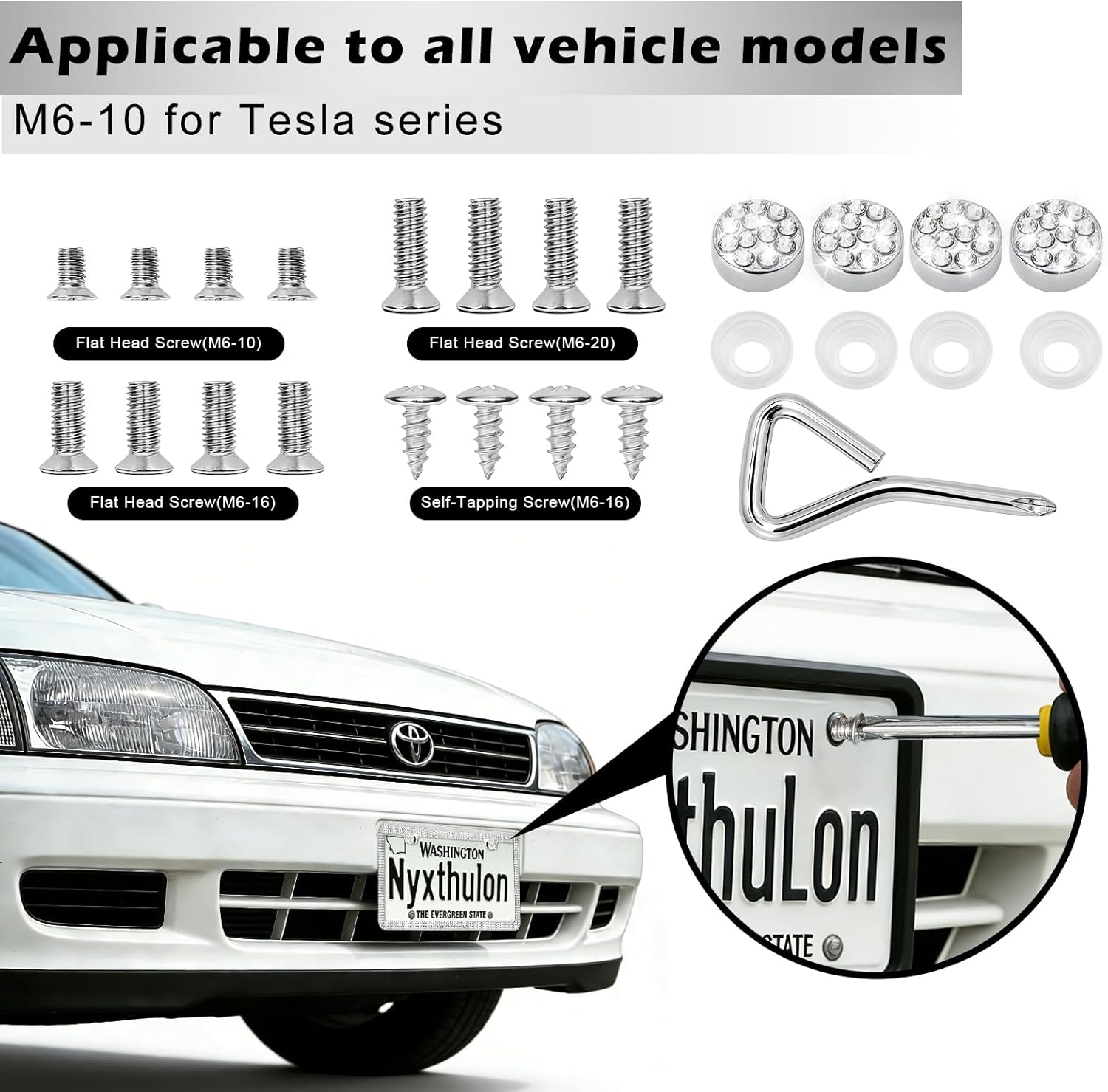 Bling License Plate Frames, 2 Pack Premium Stainless Steel Rhinestone License Plate Holder for Women, Obstruction-Free Sparkly Car Tag Cover with Glitter Crystal Caps (White)