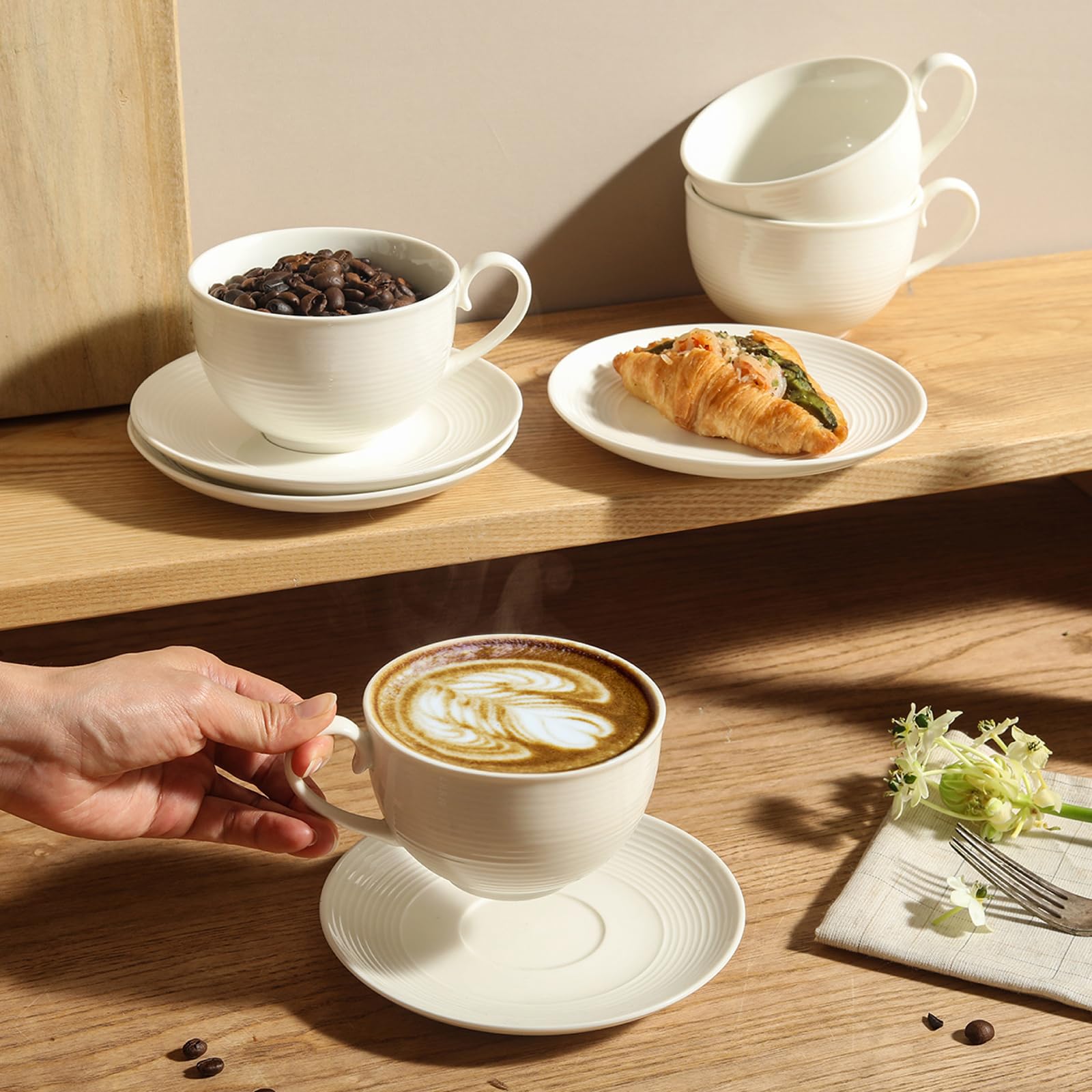 Juego de 4 tazas de café con platillos de 12 onzas, tazas de café de cerámica para capuchino, taza de té, platillo, tazas de café con leche, tazas para cocina, cafetería, microondas,