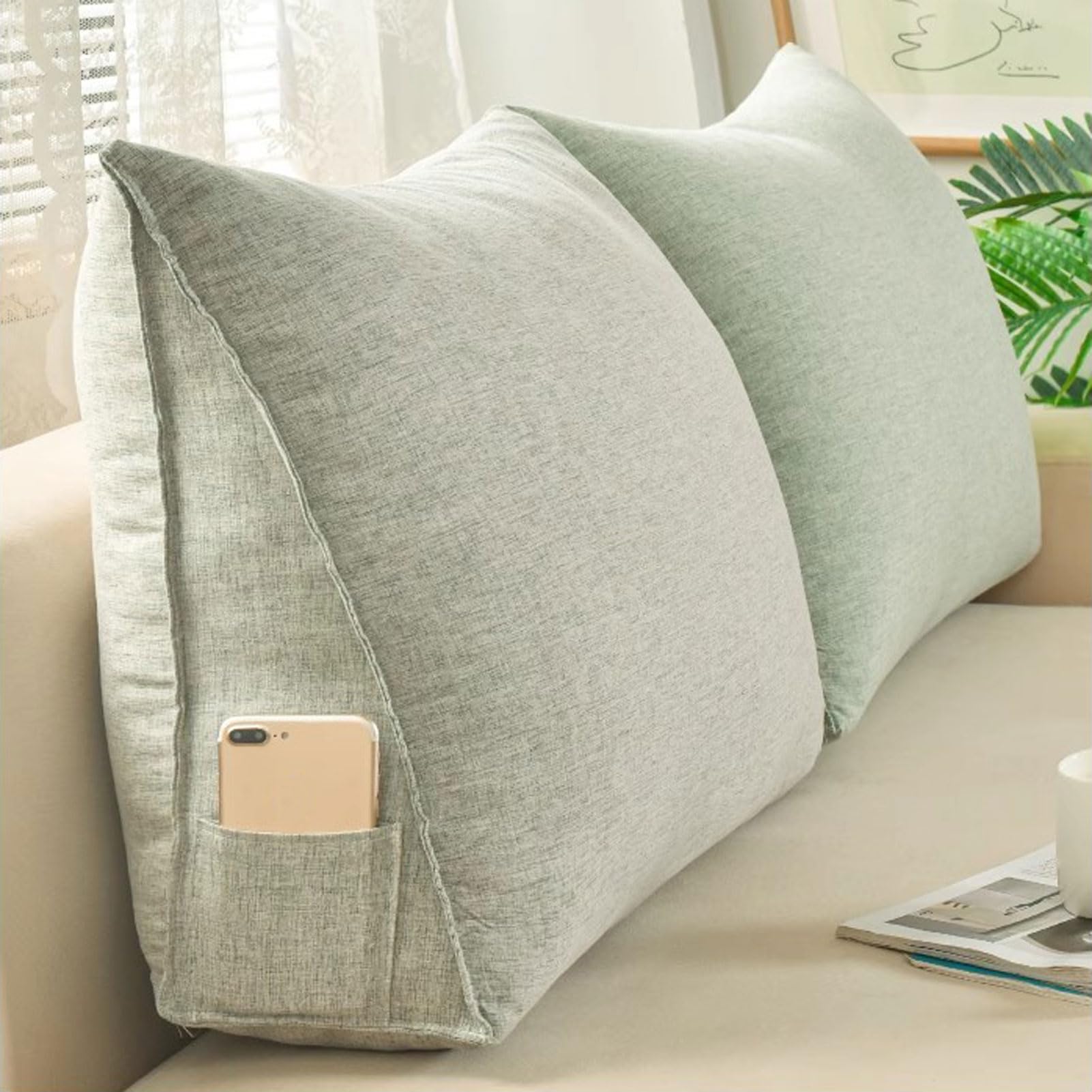 Almohada Triángulo, Cojín Triangular para Cabecero de Cama, Almohada Triangular de Lectura, Cojín de Apoyo Lumbar, Respaldo de Cintura, con Funda Extraíble (7 60x50x20cm)