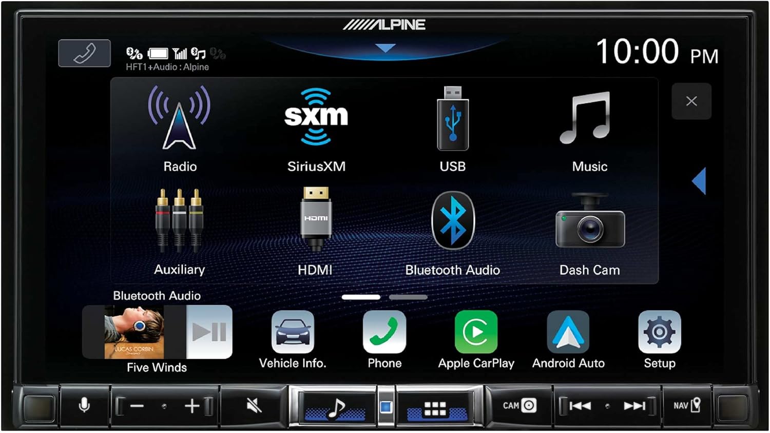 Alpine iLX-507 main menu screen with various source icons