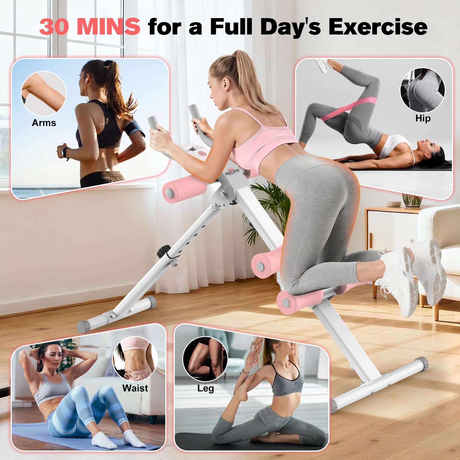 RELIFE REBUILD YOUR LIFE Máquina de entrenamiento abdominal AB plegable para entrenamiento de fuerza, entrenador de abdominales para gimnasio en casa 180kg (Rosa)