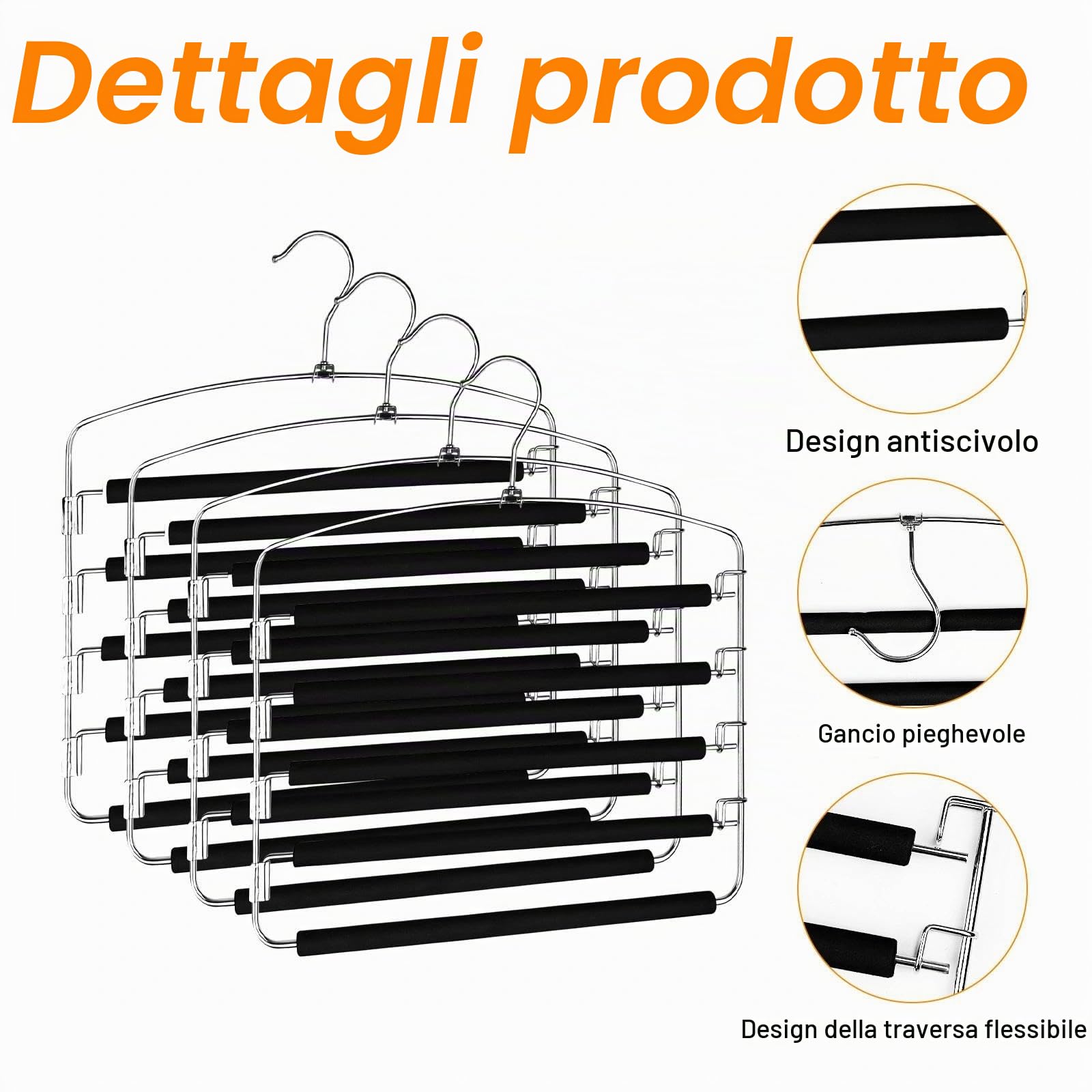 4 Pezzi Grucce Pantaloni, 5 Ppivelli Appendini Armadio con Imbottitura Antiscivolo, Gruccia Pantaloni, Stampelle per Pantaloni, Grucce Appendiabiti Pantaloni, Grucce Multiple per Foulard