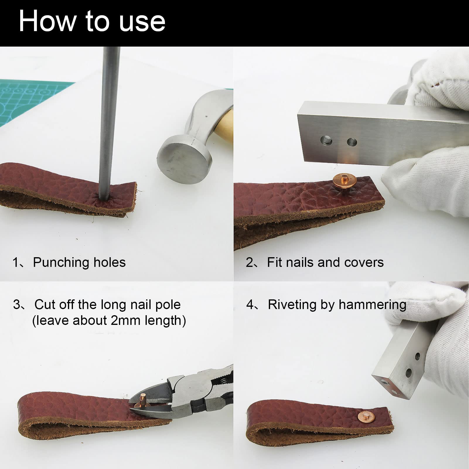 QANYEGN 40Pcs Copper Rivets and Burrs Washers, Copper Rivets Burrs Kit, Leather Rivets Fastener Install Setting Tool for Belts Wallets Collars Leather (C Style)