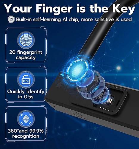 Miniatura 4 de Anweller - Cerradura en U para bicicleta de huellas dactilares con cable de acero de seguridad de 5 pies, cerradura de bicicleta antirrobo