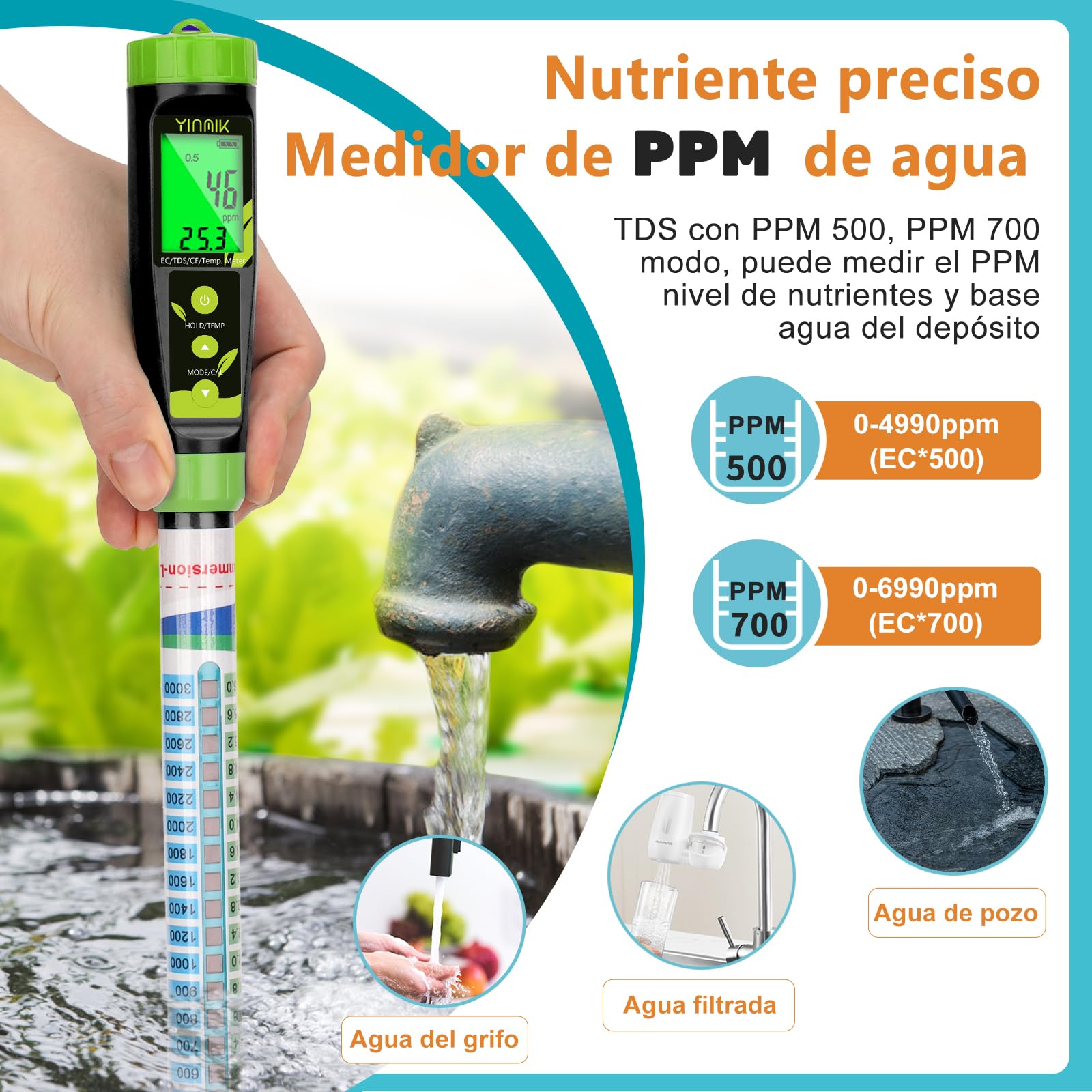 YINMIK Probador de EC TDS, Medidor de Conductividad Hidropónica Digital, Medidor de TDS para Agua de Pozo Jardín y Estanque Koi, Medidor de PPM 5 en 1 (EC, PPM 500, PPM 700, CF, Temp)