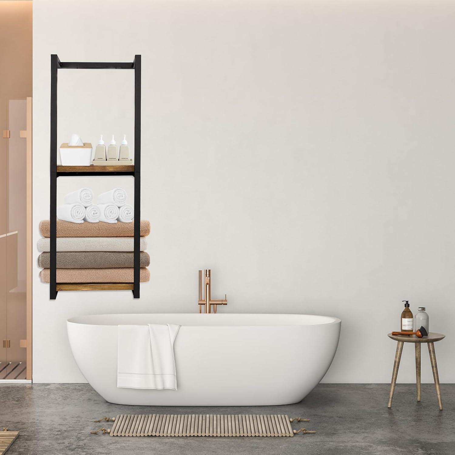 Modern Towel Rack for Rolled Towels,Towel Rack for Bathroom,Wall Mounted Bathroom Organizer Storage,Metal Towel Holders with Wooden Shelf,11" L x 5.5" W x 30" H,Black