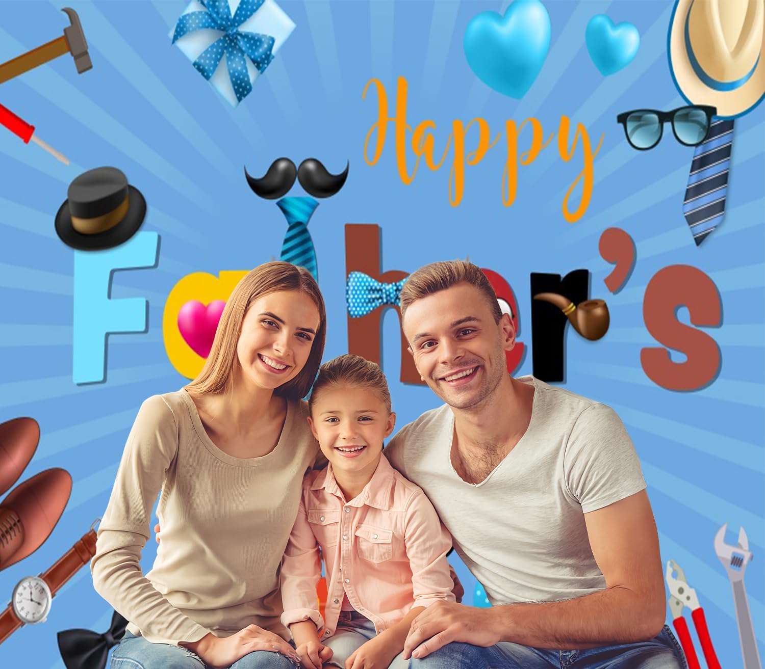 7x8ft Happy Father's Day Garage Door Decor Blue Tie Gift Box Love Stripe Cartoon Pattern Garage Door Background for I Love Dad Adults Dad Man Family Festival Decoration Banner