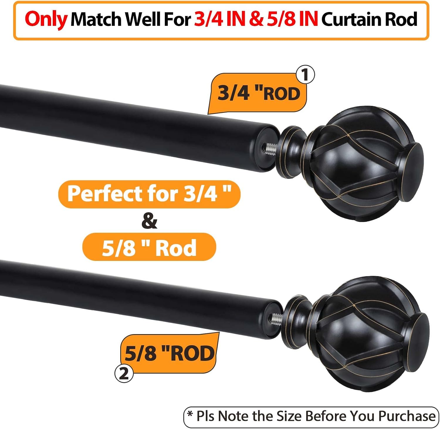Black Replacement Finials for 3/4 & 5/8 Inch Diameter Curtain Rods, Samll Decorative Drapery Rod Finials, Set of 2