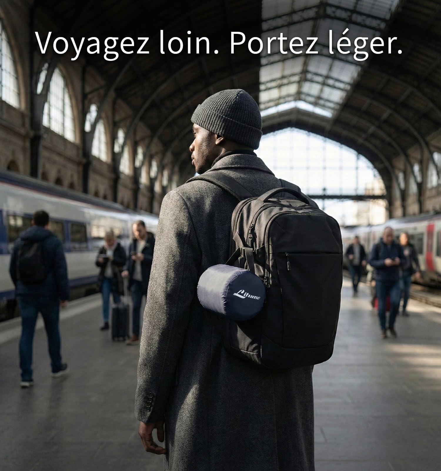 Litume Couverture de Voyage légère et Respirante, Couverture d'avion Souple 170 x 122 cm pour Les Voyageurs, Drap de Camping Pliable avec Sac de Rangement pour Train, Camp, Voyage(Gris Foncé)