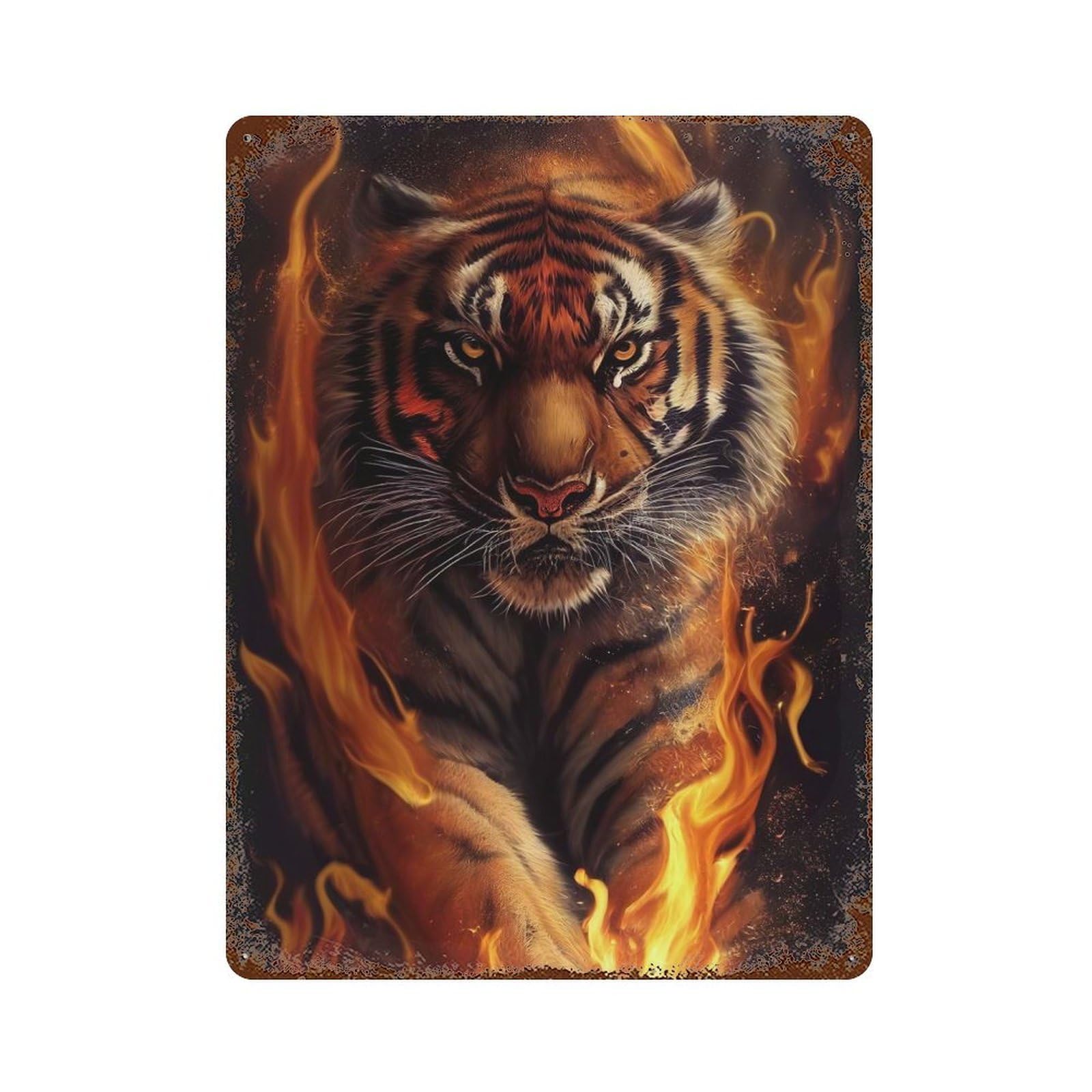 Angry Tiger Fire Animal Vintage Rust Metal Sign 15.7"x11.8", Shabby Chic Decor for Garage, Pub Or Kitchen