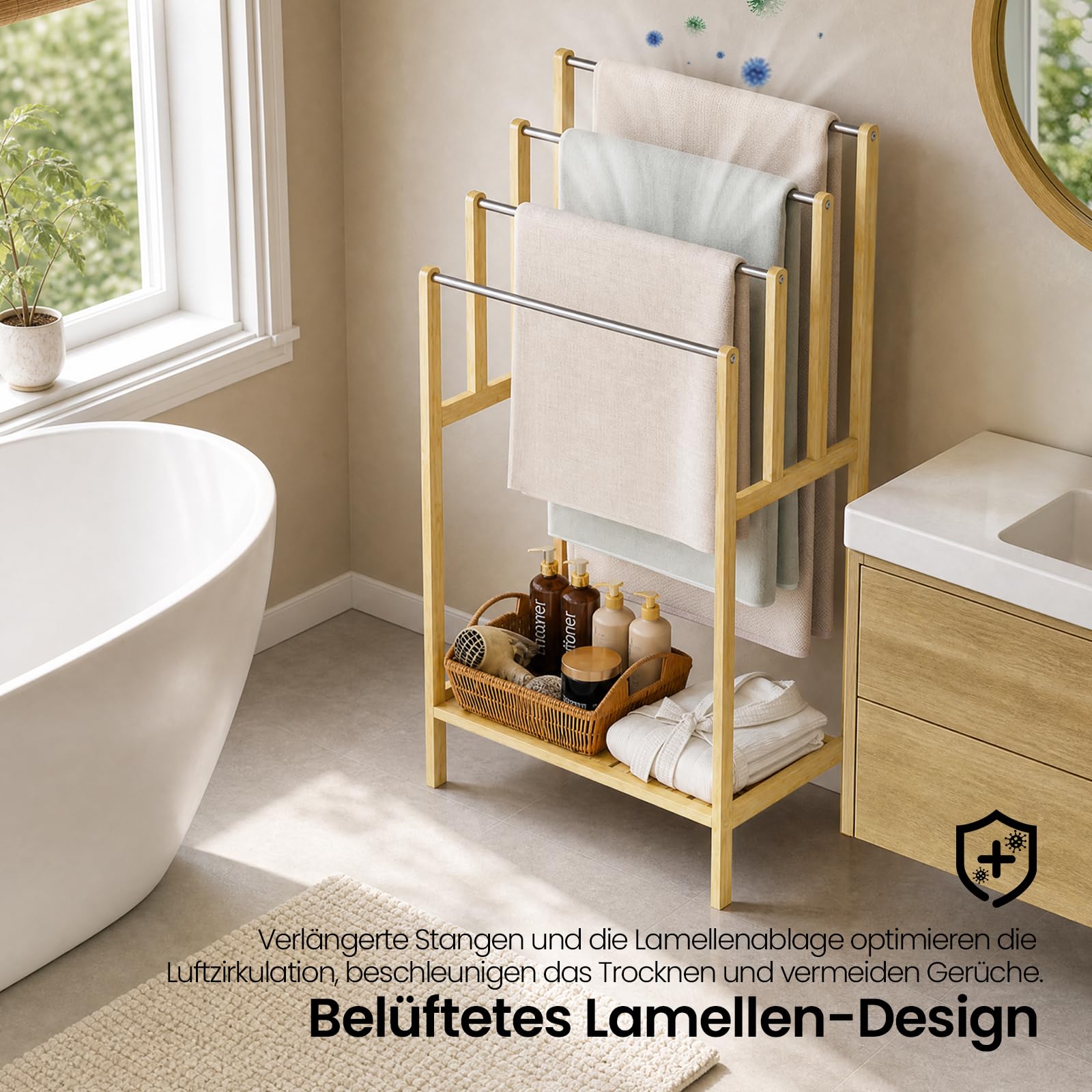 EUGAD Handtuchhalter, Handtuchständer stehend, mit 4 Handtuchstangen aus Edelstahl, 1 untere Ablage, 50 x 30 x 90 cm,für Badezimmer Waschküche Balkon Flur, Bambus