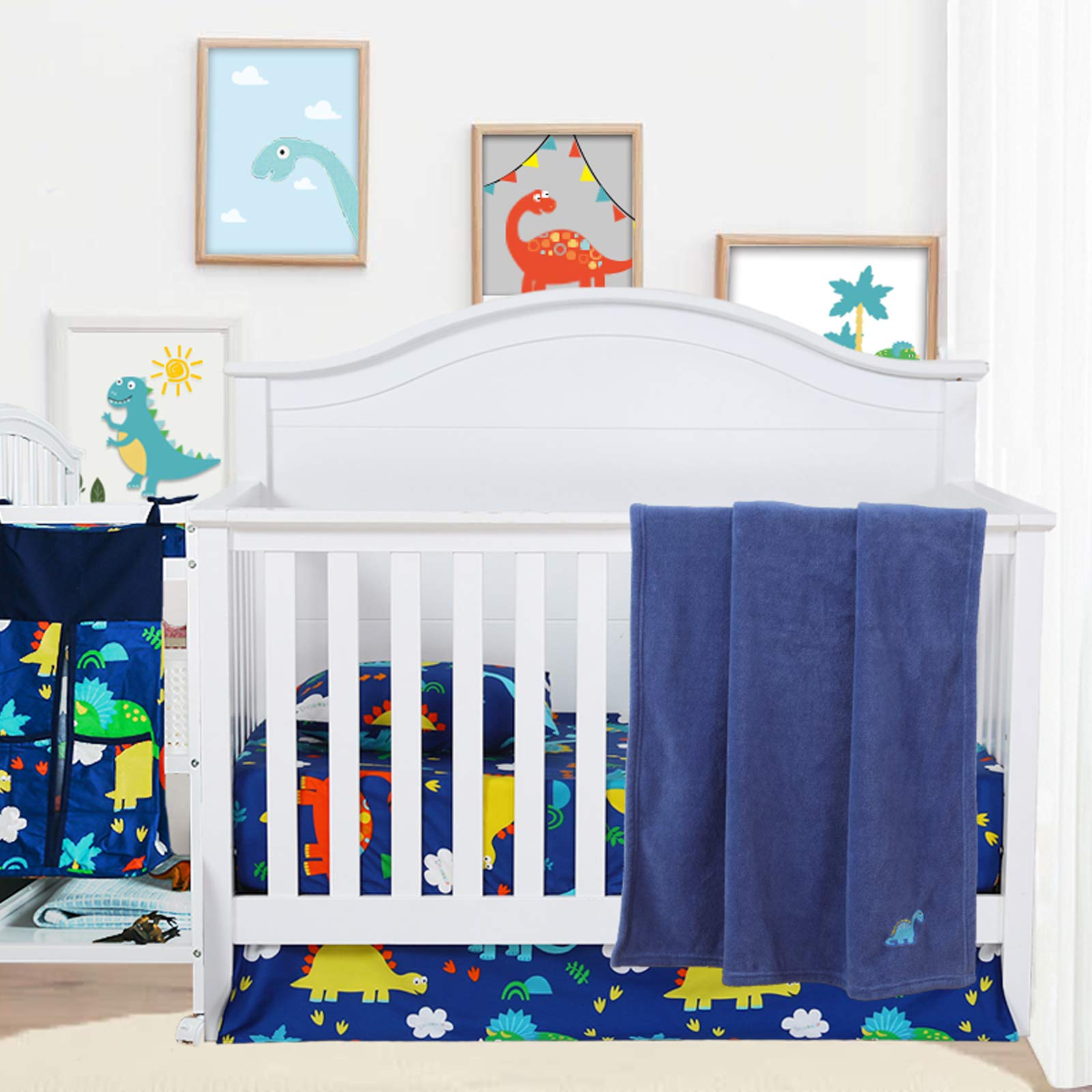 Cloele Baby Bedding Set - 4 Piece Crib Set Includes Embroidery Plush Blanket Fitted Sheet Crib Skirt Baby Pillowcase - Dinosaur Crib Bedding Set for Boys and Girls Nursery Bedding Set