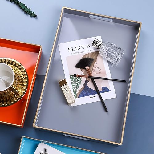 Miniatura 8 de Zosenley Bandeja decorativa, bandeja rectangular de plástico con asas, moderna bandeja de tocador y bandeja para servir para baño, cocina, otomana y