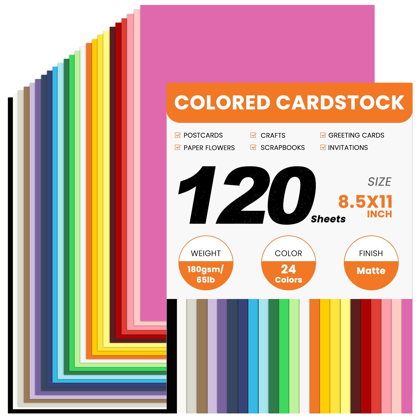 120 Sheets Colored CardStock, 180gsm/65lb 24 Colors Cardstock Print Paper 8.5 x 11 Inches, Double Sided Printed Card Stock Paper for Scrapbook School