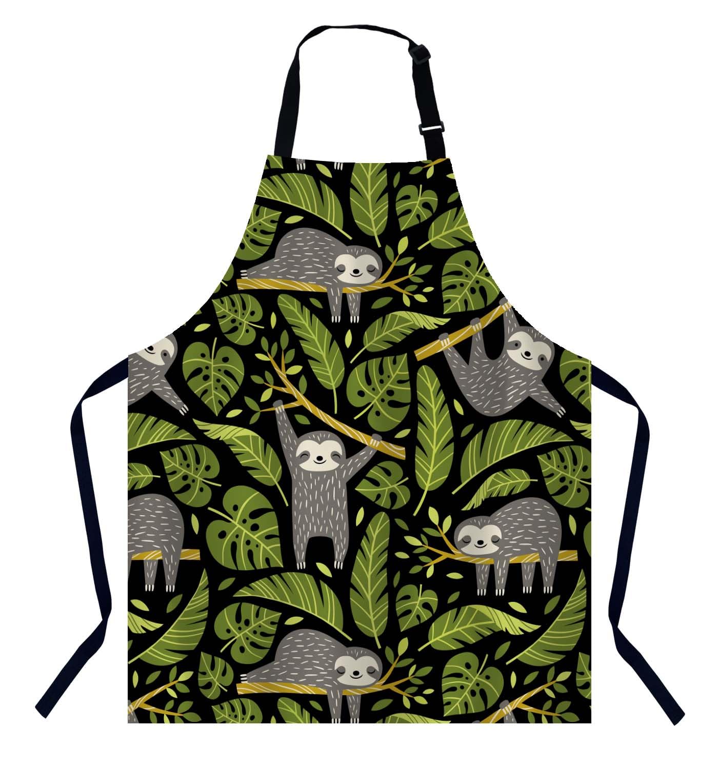 BGBDEIA Cute Sloths and Tropical Palm Leaves Chefs Apron, Cooking and Baking Apron for Men and Women, Kitchen Apron, Butchers Apron, BBQ & Catering Bibs