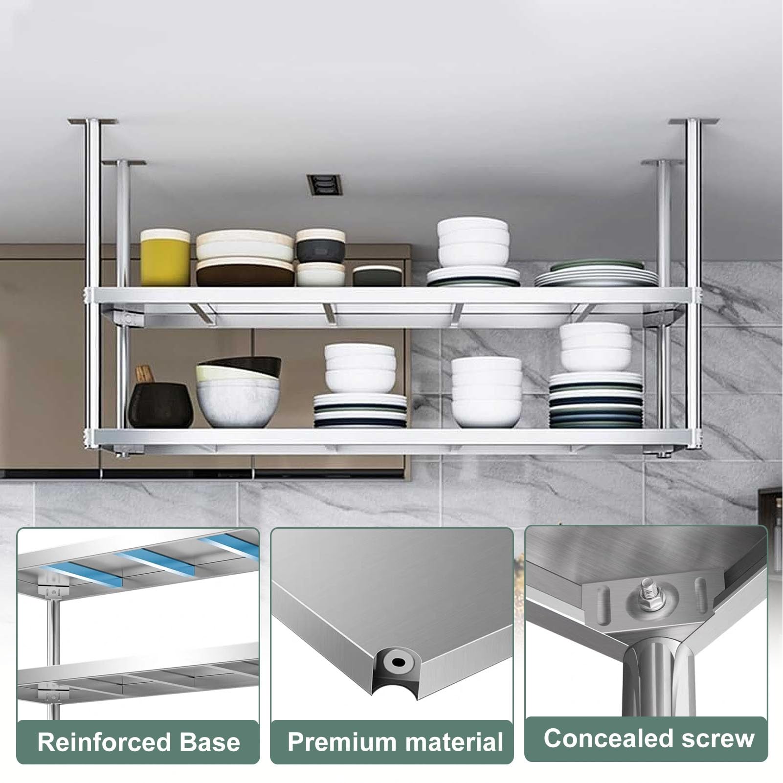 Wieszak na garnki, 2-poziomowy organizer ścienny do kuchenki mikrofalowej, półka na garnki, stojak na rośliny, wieszak na naczynia kuchenne i przybory(Ceiling mount,120x35x80cm)