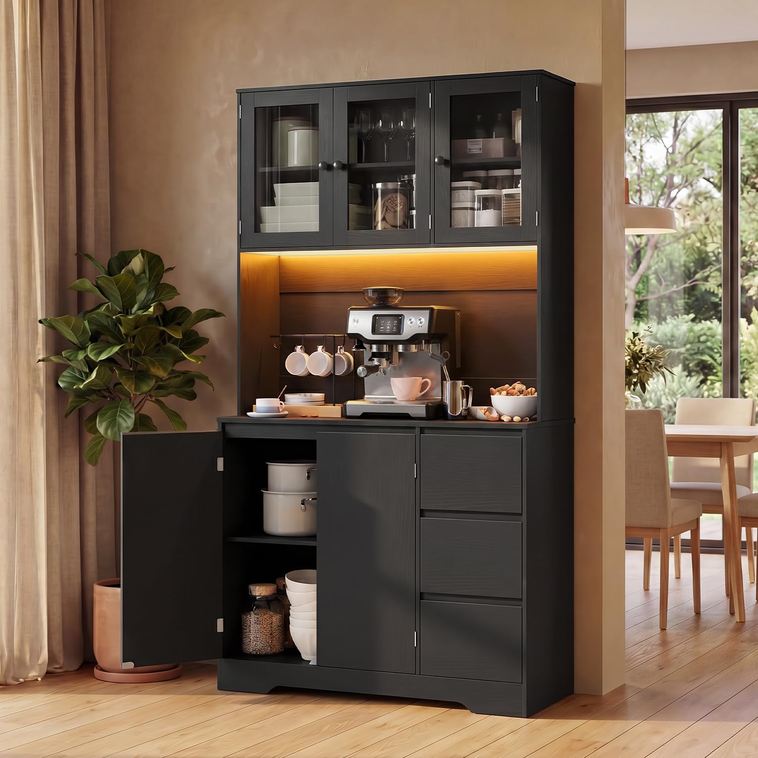 Xbro Armoire Cuisine, Buffet Haute avec Éclairage LED et Prise, Buffet avec 5 Portes, 3 Tiroirs et Portes en Verre,Meuble de Rangement avec Dispositif Anti-Basculement, 100 x 40 x 180 cm, Noir