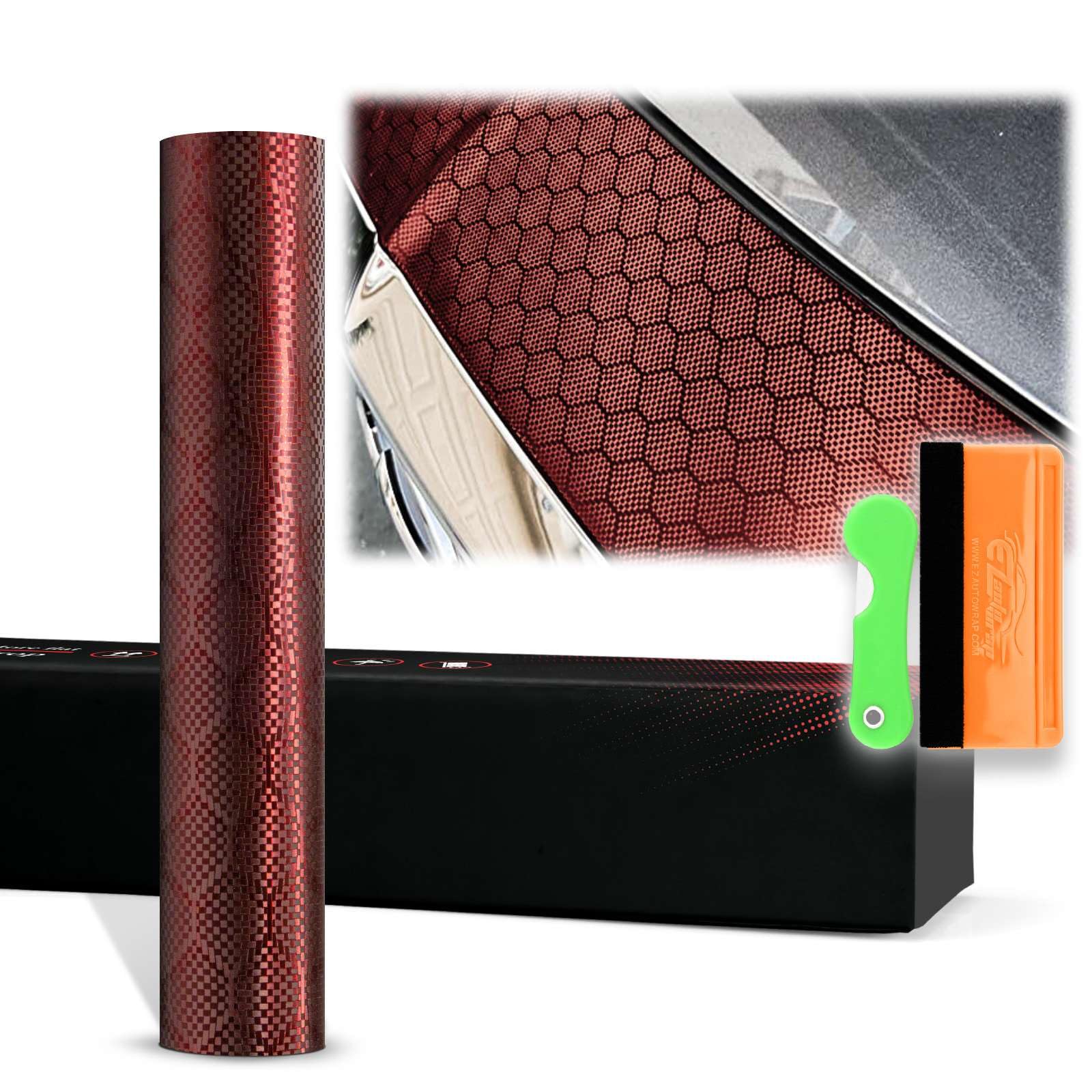 12"x60" (1FTx5FT) Dark Red PET Honeycomb Carbon Fiber Satin Vinyl Wrap Auto Car Sticker Decal Film Sheet Like Paint Bubble Free Air Release Technology