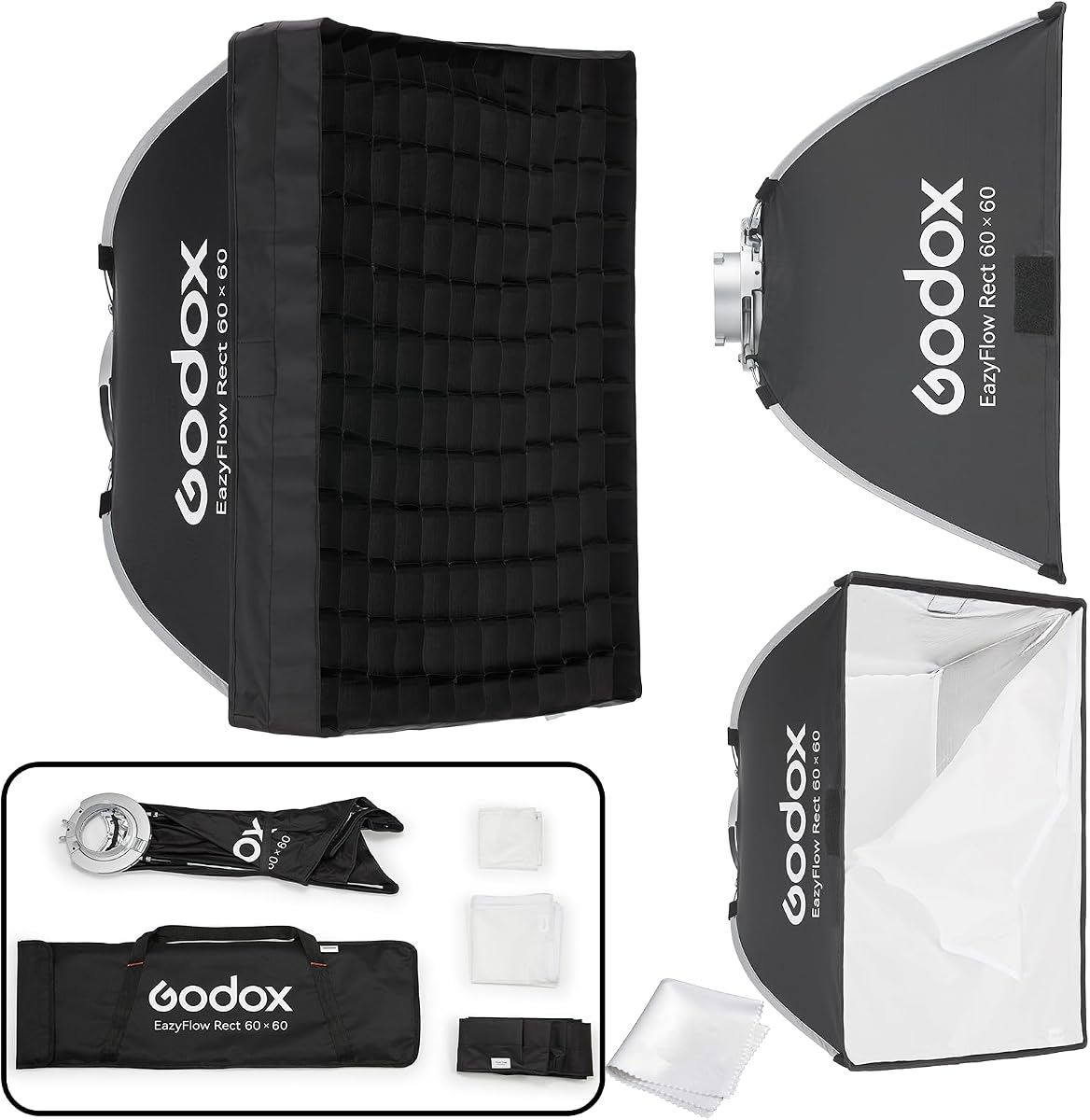 GODOX Softbox EazyFlow Rect 60 × 60cm Square Softbox | 23.6" Quick-Folding Bowens Mount Softbox with Grid for Studio Flashes and LED Video Lights,Ideal for Portraits/Live Streaming