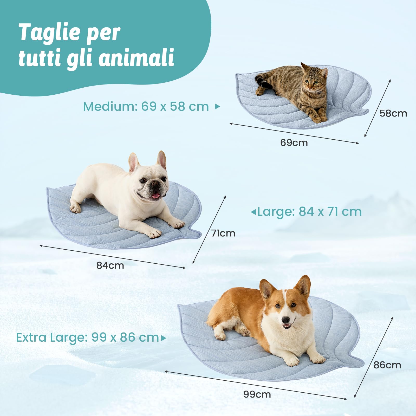 COZY KISS Tappetino Refrigerante per Cani e Gatti 86x99cm – Q-Max>0.4, Tappeto Rinfrescante Estate, Cuccia Refrigerante Lavabile, Cuscino Raffreddamento per Caldo, a Forma di Foglia, Blu