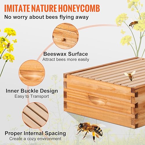 Miniatura 4 de VEVOR Bee Hive kit completo de 10 marcos sumergido en cera de abejas 100 natural incluye 1 base encerada de miel media para principiantes y