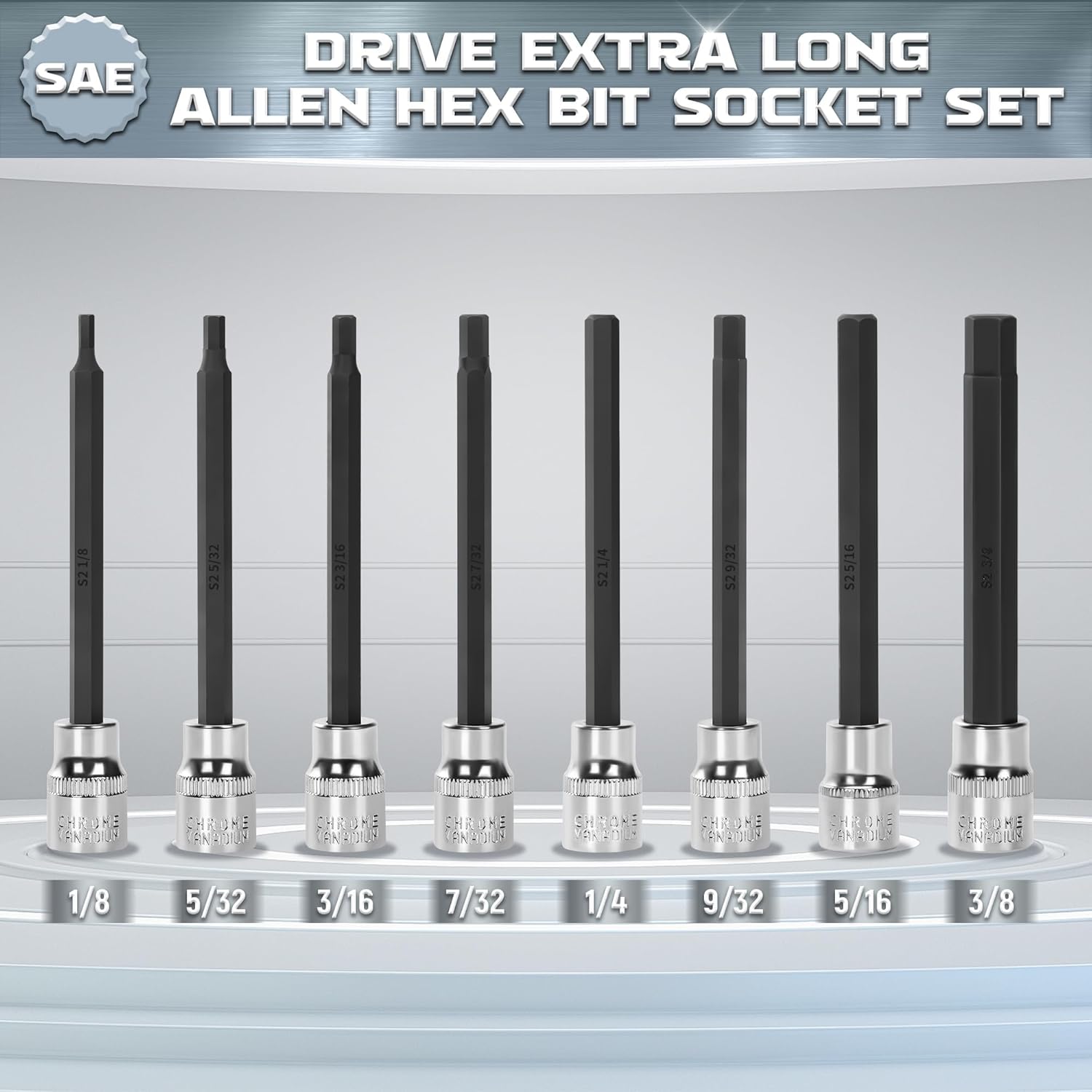ALOANES 3/8 Inch Drive Extra Long Allen Hex Bit 19 PCs Socket Set, Standard SAE (1/8" - 3/8"), Metric(3mm-12mm)