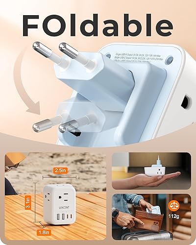 Miniatura 3 de LENCENT Adaptador de enchufe de viaje europeo, adaptador de enchufe plegable de EE. UU. a Europa con 4 tomas, adaptador de cargador de 4 USB (2 USB
