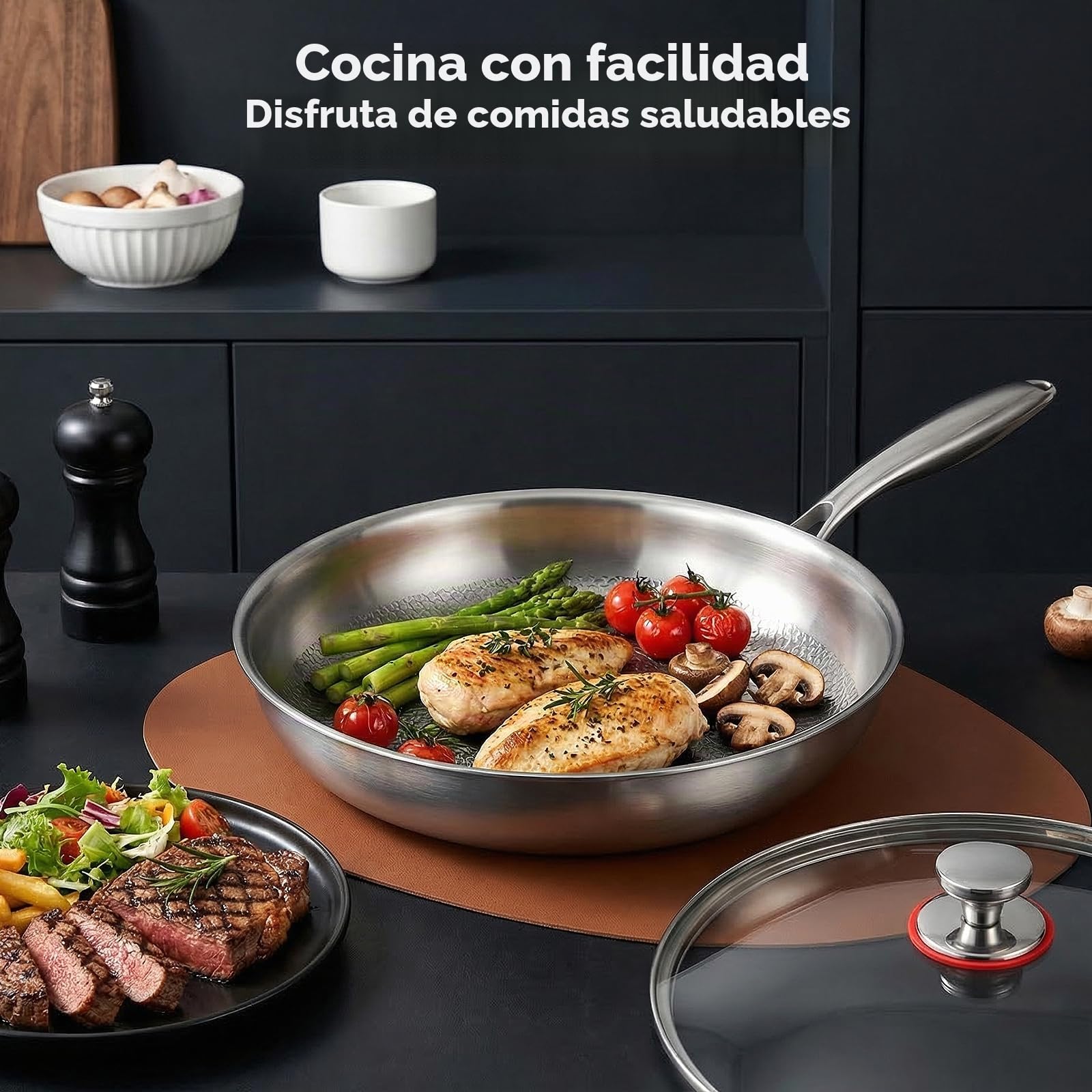 Sartén de titanio de 26 cm, sartén de titanio con tapa antiadherente, revestimiento de titanio, resistente a los arañazos, con todo tipo de fuegos para cocinar