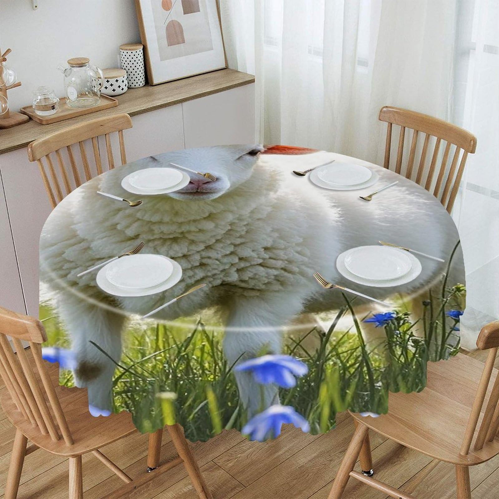FekiLoot 60 Inch Round Sheep Tablecloth Waterproof Heavy Duty Polyester Table Cloth Spill-Proof Wipeable Table Cover Decorative Circle Dining Tablecover for Party Outdoor