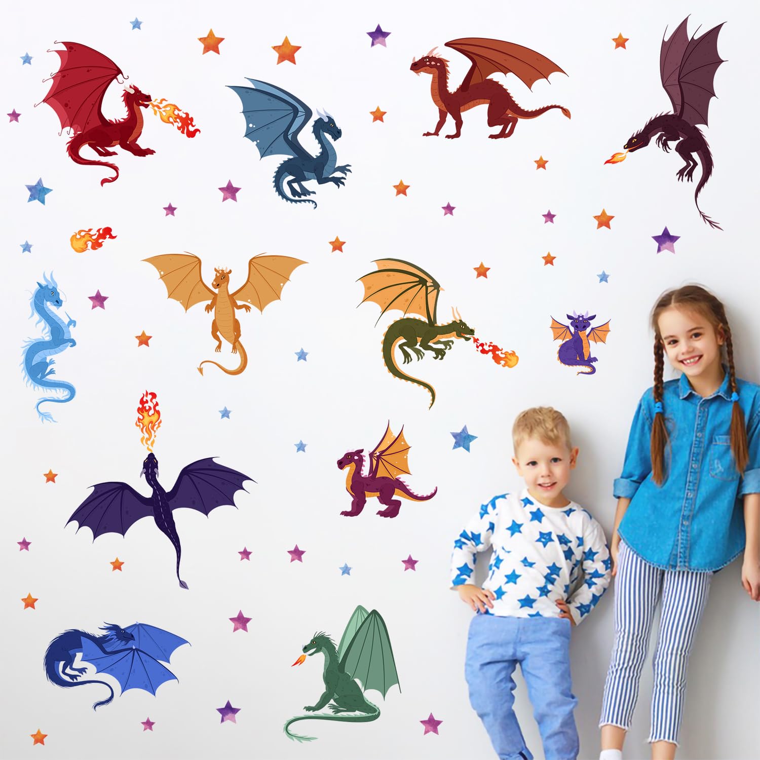 Cartoon Dragon Wall Decals Magic Fire Breathing Dragons Wall Stickers Self-Adhesive Removable DIY Stars Vinyl Wall Art Decor for Kids Bedroom Classroom Baby Nursery