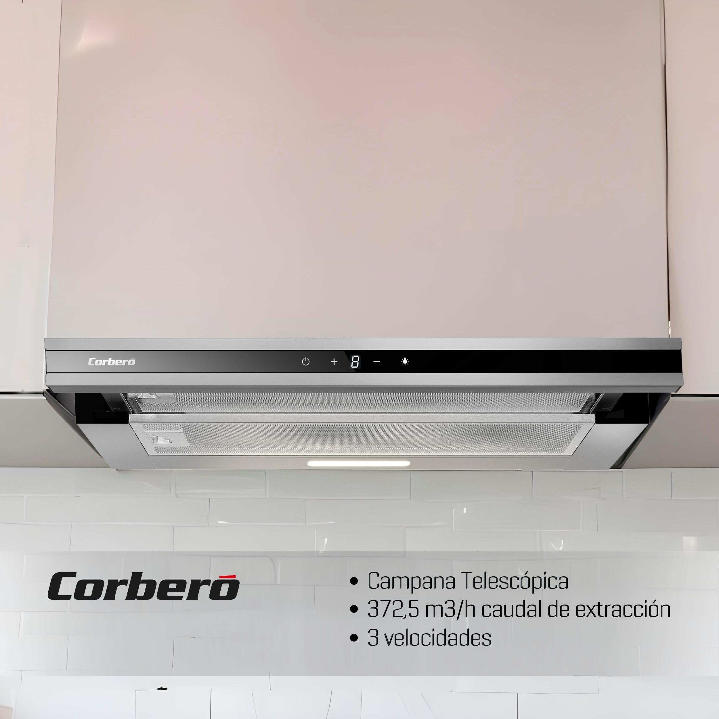 Corberó - Campana Extractora Telescópica 60 cm | MAKALU640X | 372.5 m3/h | 65db | 71.5W | 3 Velocidades | Luz LED | 2 Filtros Aluminio+ Filtro Carbon | Inox-Negro