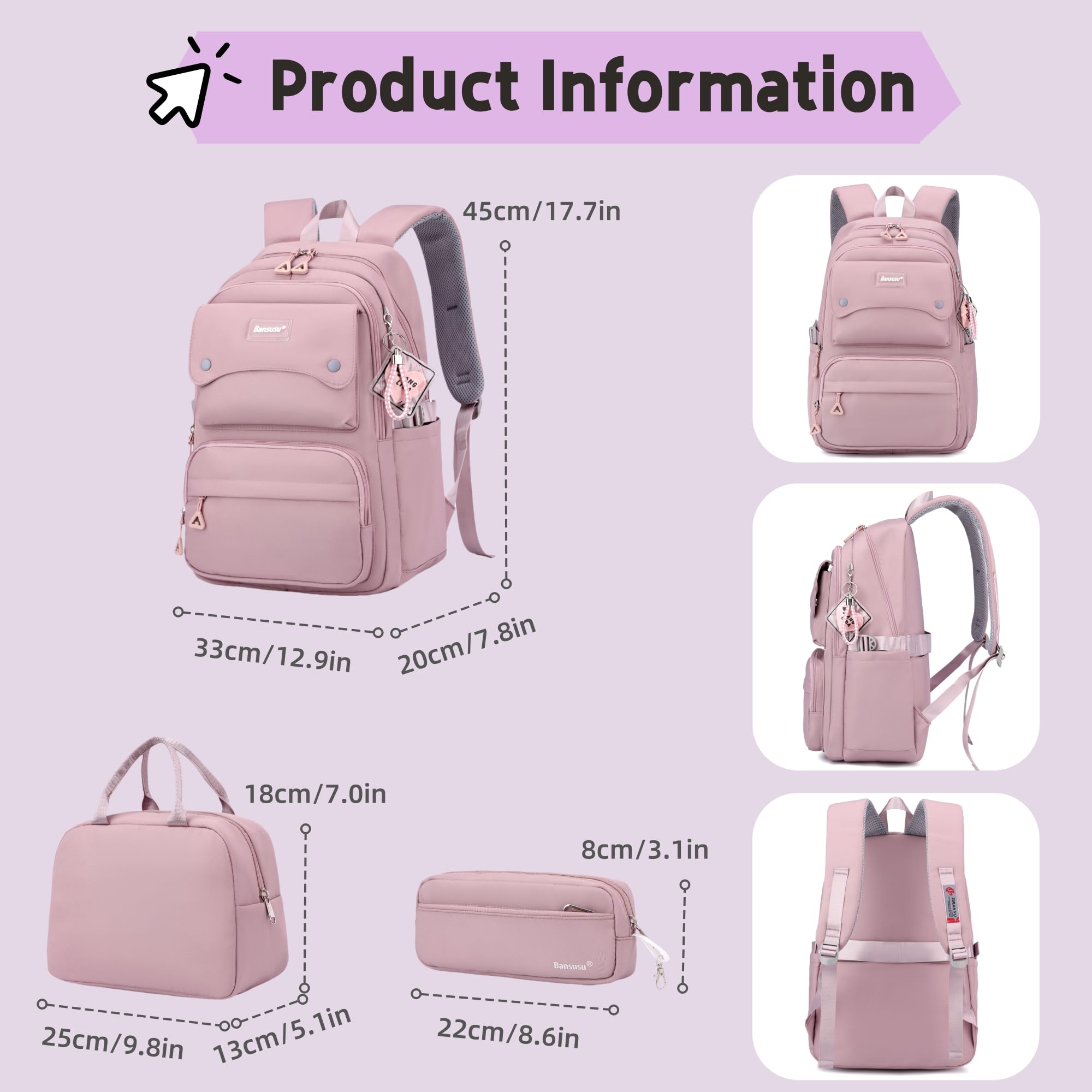 Lot de 3 sacs à dos et sac à déjeuner pour filles de couleur unie, 3 pièces - violet, 29L