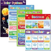 Lachilly Seasons, Weather, Days of The Week, Months of The Year, Solar System Educational Posters for Toddlers, Classroom Decorations, Kindergarten Supplies Materials, 4Pcs for Distance Learning