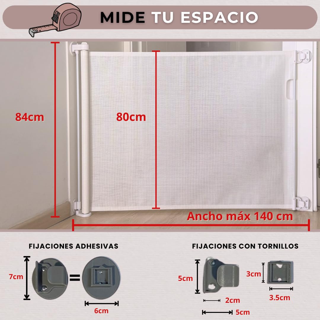 Puerta Retráctil Seguridad Adhesivos o Tornillos -140cm- Barrera Extensible Bebés y Perros - Sin Taladrar. Sin Agujeros - Apta en Escaleras, Puertas, Pasillos (140CM-BLANCO)