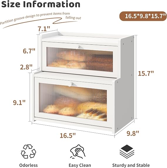 Bread Box for Kitchen Countertop Double Layer Large Corner Bread Box Capacity Bread Storage Bin Farmhouse Breadbox Container Organizer Cabinet Cupboard (White)