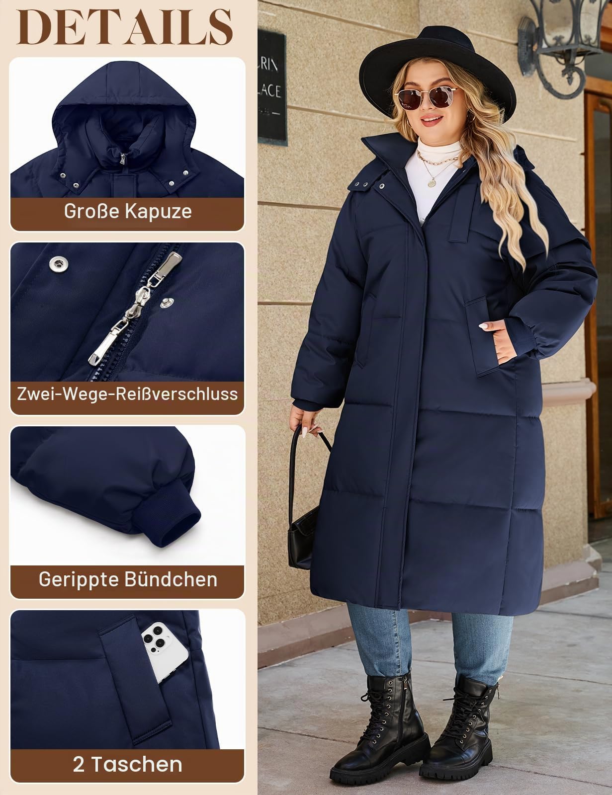 Tuopuda Damen Übergröße Wintermantel Lang Steppmantel mit Kapuze Wärme Verdicken Wasserabweisender Wintermäntel Steppjacke Winterjacke