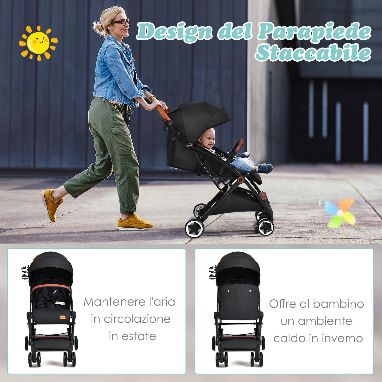COSTWAY Passeggino Leggero per Bambini, Carrozzina con Schienale Regolabile, Passeggino Pieghevole con Ruote Universali, Sacco a fondo,per Bambini 0-36 Mesi, Portata 15 kg(Nero)
