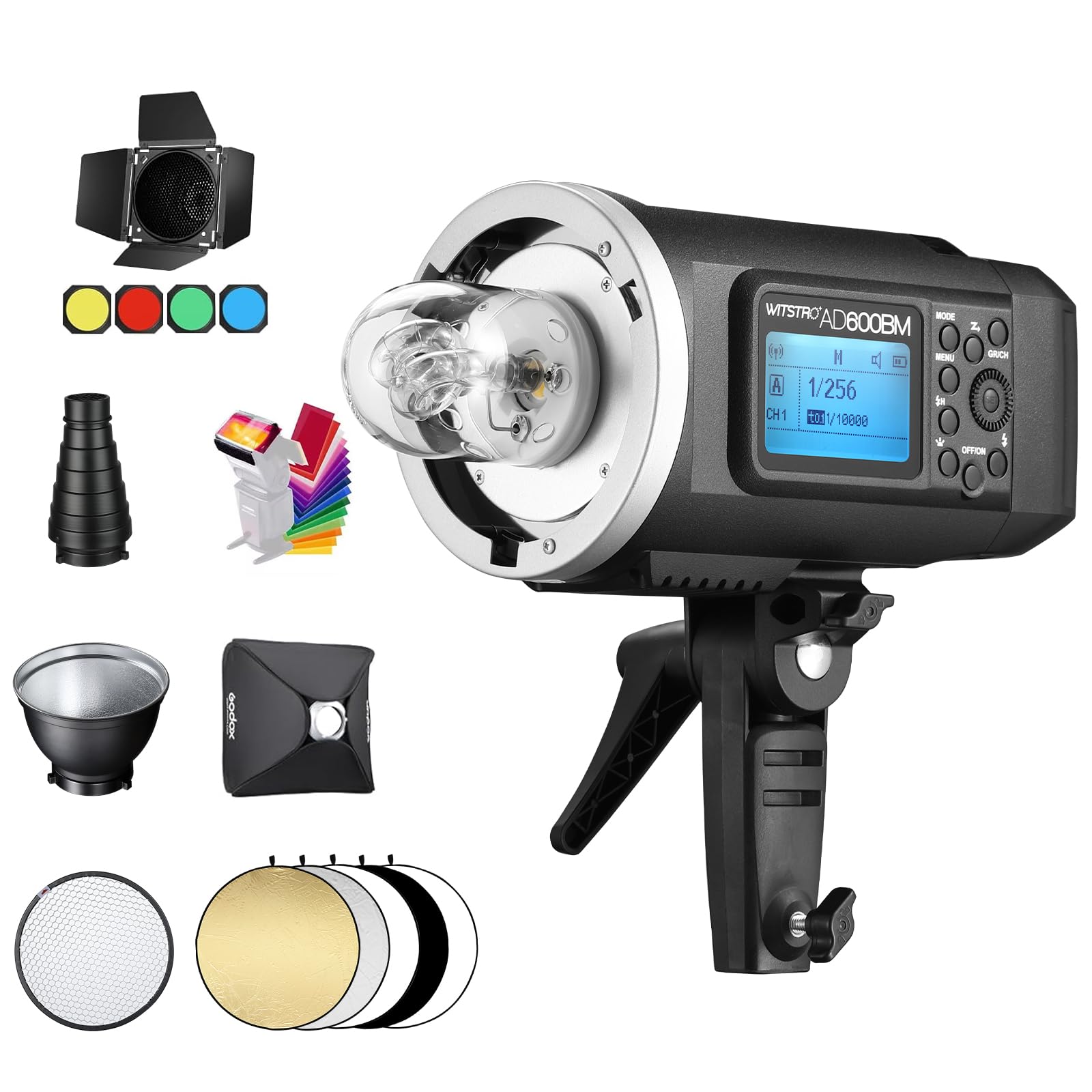 Godox AD600BM 600Ws GN87 HSS 1/8000s Flash Exterior de Estudio Monolight con Bowens Mount, Batería 8700mAh, 2.4G Wireless X System con 32 "x32 Softbox, Reflector Standard, Snoot, Barn Door Kit