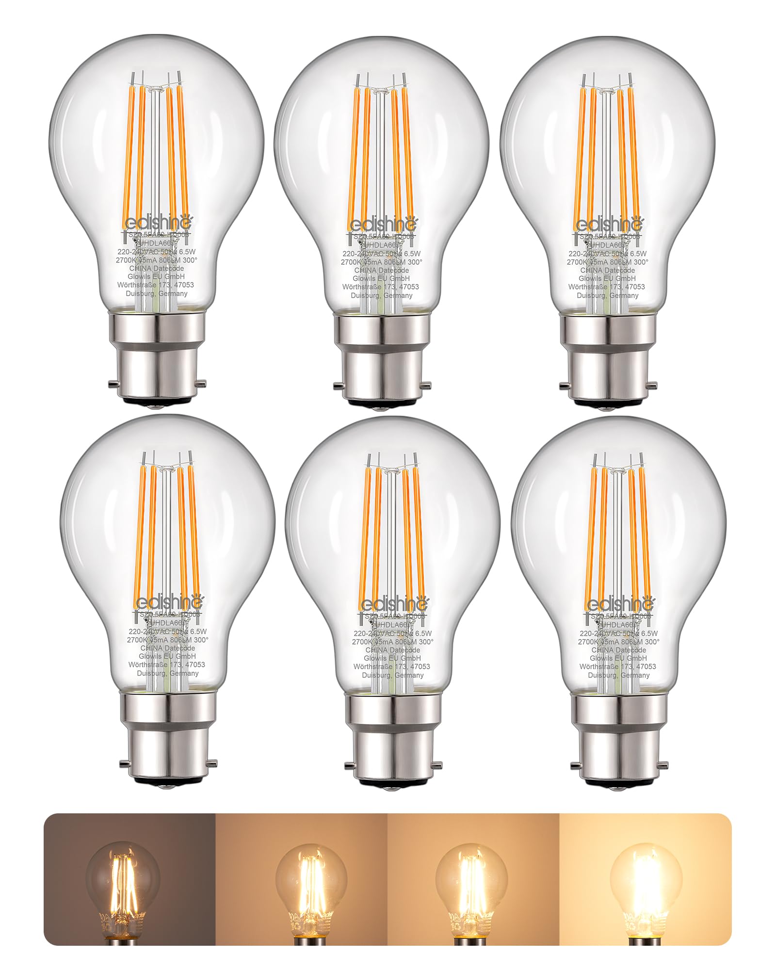 EDISHINE 6 Pack Bayonet Light Bulbs, 6.5W B22 LED Bulbs Dimmable, 2700K Warm White 806LM, GLS Energy Saving Light