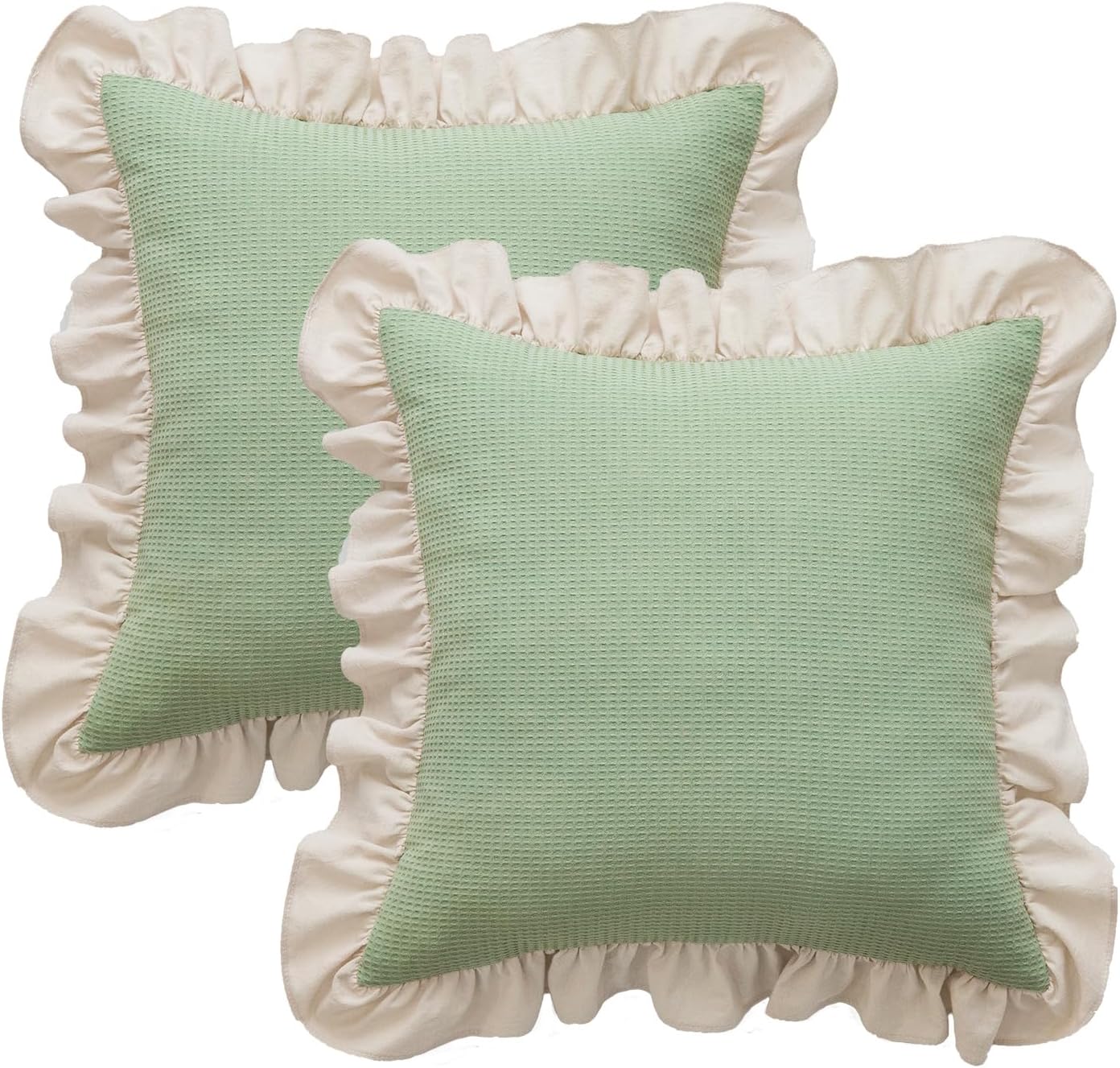 GLORY SEASON Waffle Weave Textured Throw Pillow Covers Set of 2 with Washed Cotton Retro Ruffle Flounces Trim Solid Decorative Pillow Cases for Home Livingroom and Bedroom Decor 18x18 Inch Pea Green