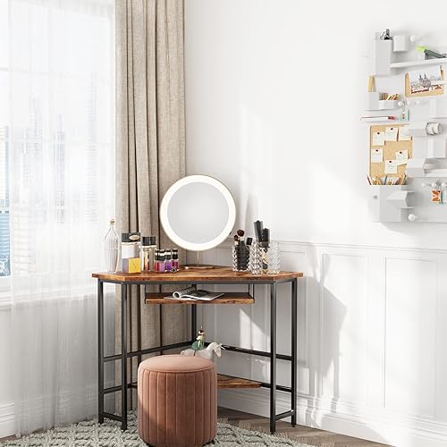 Miniatura 6 de DlandHome Escritorio esquinero triangular para computadora con bandeja para teclado, mesa de computadora portátil, escritorio pequeño para