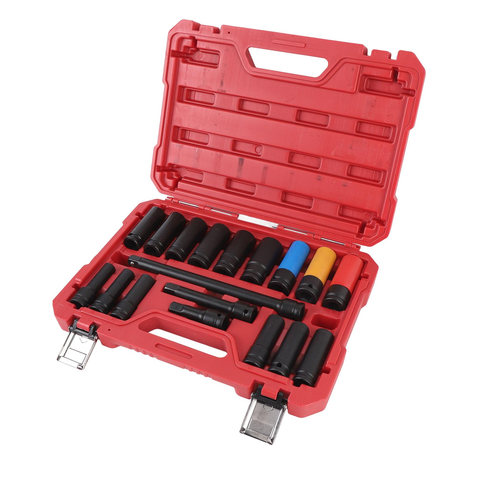 RiToEasysports 18 szt. 1 2-calowy Zestaw Nasadek Udarowych CRV Zestaw Metrycznych Nasadek Udarowych 10 Mm do 24 Mm 6-punktowy z Przedłużaczami 3 Cale 5 Cali 10 Cali do Naprawy Samochodów i Użytku w