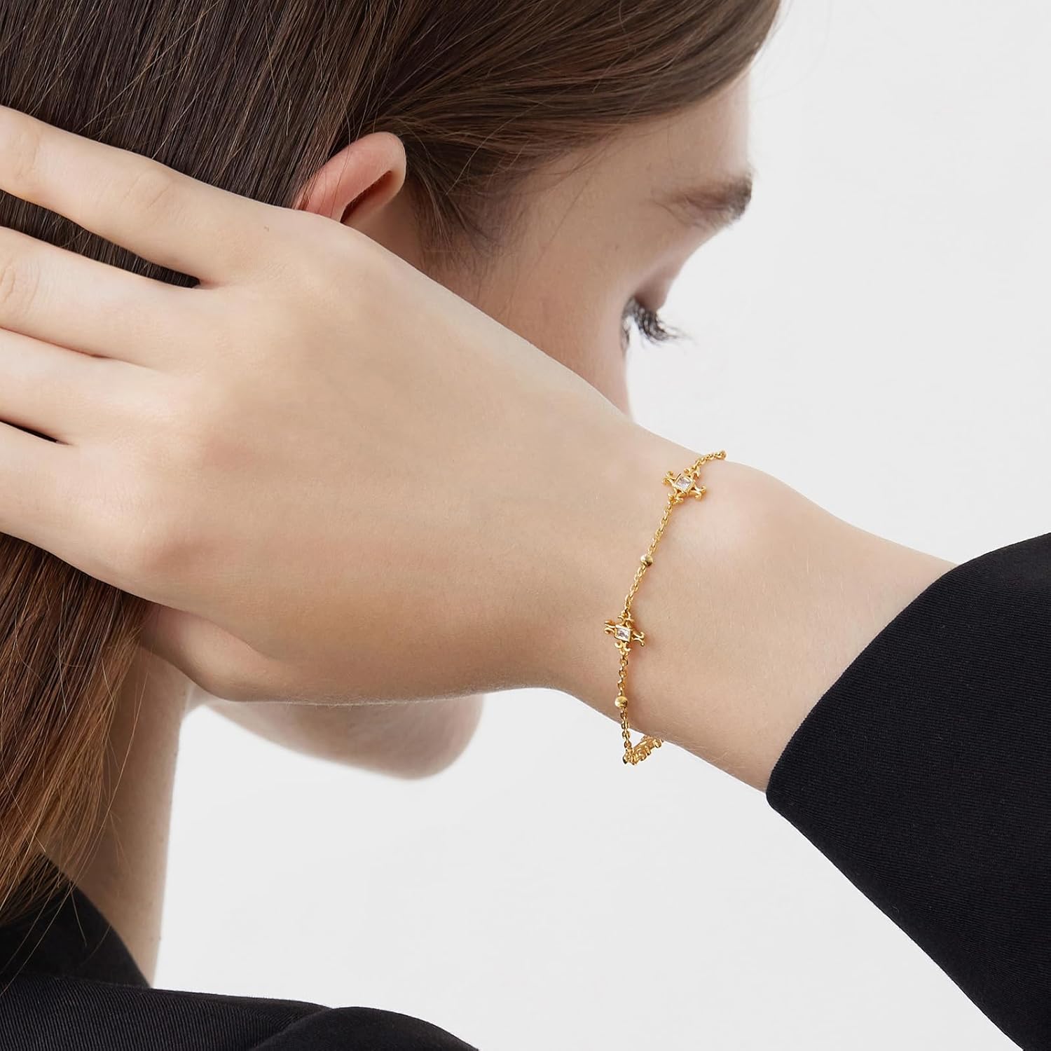 Cicy Bell Womens Bracelets 18k Gold Plated White Shell Cubic Zirconia Square Cross Adjustable Chain Link Bracelets for Women 6.69" with 2" Extender - Image 4